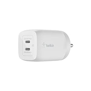 Belkin 65W Gan Dual USB C Pd 3.0 Fast Charger with Pps Technology, Compact Size, USB-C, Type C Fast Charger for iPhone, MacBook Air, Ipad Pro, Pixel, Galaxy, More Device White