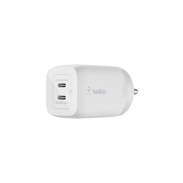 Belkin 65W Gan Dual USB C Pd 3.0 Fast Charger with Pps Technology, Compact Size, USB-C, Type C Fast Charger for iPhone, MacBook Air, Ipad Pro, Pixel, Galaxy, More Device White