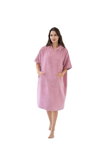 DENSHAUS Badeponcho Erwachsene aus 100% Baumwolle OEKO-TEX Standard 100 weich und saugfahig mit Kapuze und Tasche für Strand Sauna und Poo (Rosa S-M)