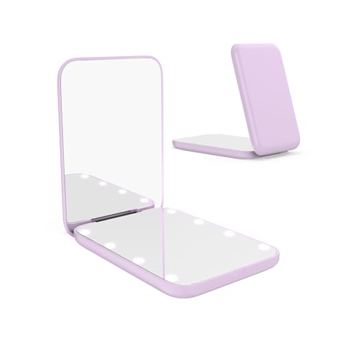 WOBSION Small Mirror with Lights,LED Compact Makeup Mirror,1x/3x Mini Travel Mirror with Magnification,Portable for Purse,Pocket,Gifts for Girls,Purple
