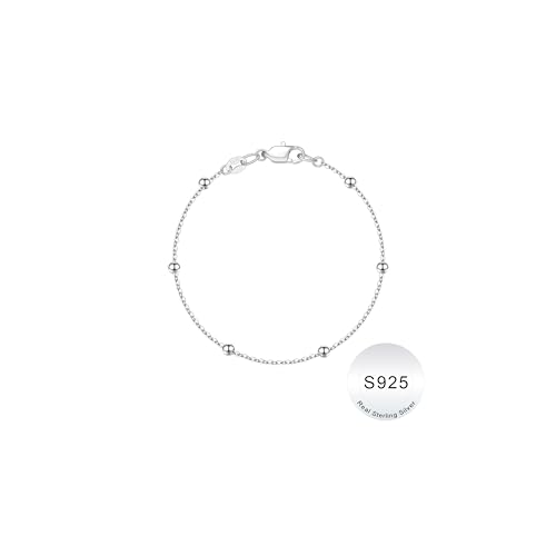IEFWELL S925 Sterling Silver Bracelet for Women - Solid 14K Real Gold Over Satellite Bead Chain Bracelet, 6.5/7/7.5/8/8.5/9 Inches Sterling Silver Chain Bracelets, Jewelry Gifts for Women