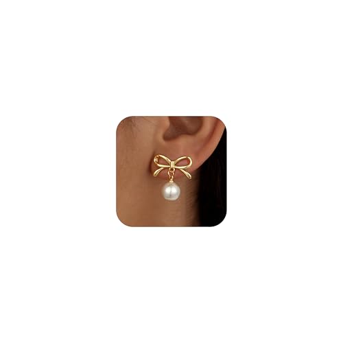 JIAOGE Pearl Earrings for Women Jewelry - Bow Earrings Pearl Drop Earrings Gold Stud Earrings for Women Hypoallergenic Gold Earrings for Girls Stuff Birthday Gift for Girls Bridesmaids Gifts for Women