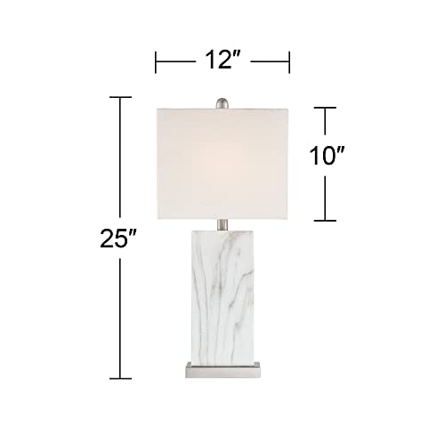 Set of 2 25 Mid Century Modern Table Lamps with USB Port and White Faux Marble Shade for Living Room and Bedroom