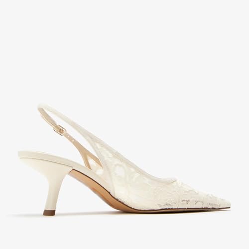 Women's Slingback Kitten Low Heels Mesh Pumps Closed Pointed Toe Dress Lace Shoes3