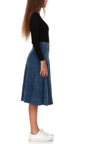 Women's/Teens Stonewash Cotton Flared Midi Skirt – Denim Look, Elastic Waist, Panel Design, 27” Length2