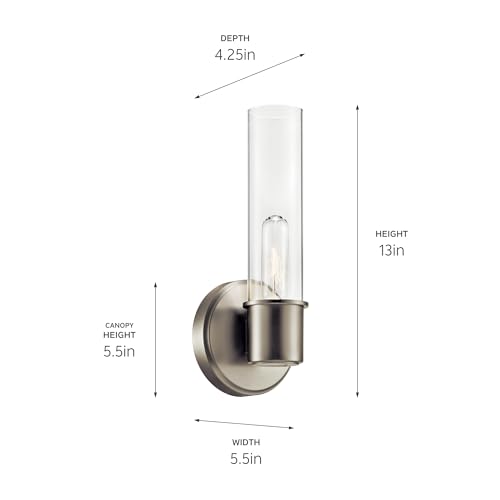 Image of Kichler Aviv 1-Light Wall Sconce, Modern Light with Clear Glass in Brushed Nickel, for Bedroom, Laundry Room, Kitchen or Hallway (13 inch x 5.5 inch), 52653NI