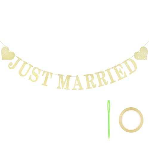 NISENTIA Just Married Girlande, Just Married Deko Banner Schild Wimpel Wimpelkette Hochzeit Girlande Hochzeitsgirlande Hochzeitsbanner Wedding Decorations Gold Glitzer Autodekoration zum Aufhängen