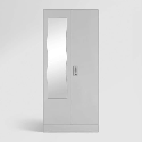 Image of Interio by Godrej Almirah Slimline 2-Door Steel Almirah, Cupboard for Clothes (Royal Ivory), 1-Year Warranty, 1 Locker, 4 Shelves and Curvilinear Mirror