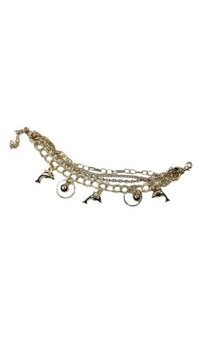 Image of Layered Gold-Tone Chain Anklet with Dolphin Charms and Ring Pendants