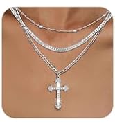 Cross Necklace for Women, Layered 14K Real Gold Plated Necklaces Dainty Twist Figaro Link Chain S...