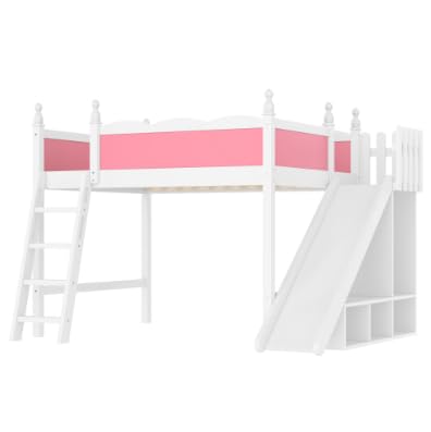 Image of Full Size Loft Bed with Storage Shelves, Cabinet & Detachable Slide and Ladders, Solid Wood Kids Loft Bed for Space-Saving, Playful & Organized Bedroom (Light White+Pink2, Full)
