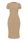 Women's Crew Neck Short Sleeve Slim Fit Ribbed T Shirt Casual Midi Bodycon Dress Camel