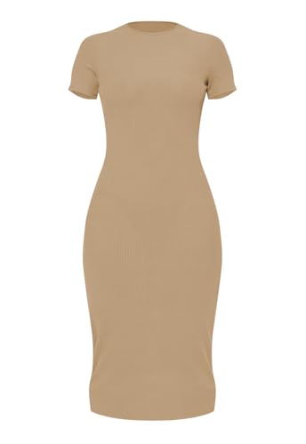 Image of Women's Crew Neck Short Sleeve Slim Fit Ribbed T Shirt Casual Midi Bodycon Dress