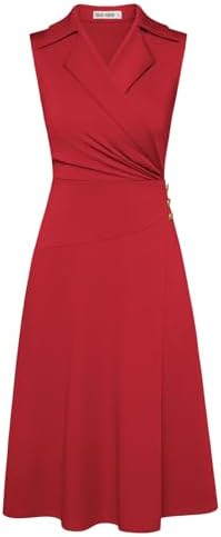 GRACE KARIN 2025 Women's Notch Lapel Ruched Wrap V Neck Business Work Dress Sleeveless A Line Midi Dress