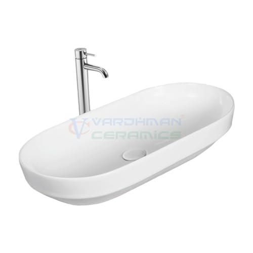 Image of Wash Basin Table Top Over Counter Vessel Sink Glossy Finish White Sink for Bathroom (28 x 14 x 5 Inch)