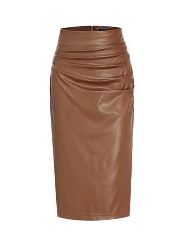 CIDER Faux Leather Skirts Midi Skirt Ruched Skirt Regular Fit Middle Waist Elegant Chic Maxi Skirt for Women