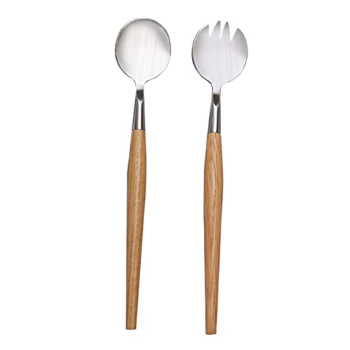 BRIGHTFUFU 2pcs Wooden Handle Stainless Steel Salad Fork and Spoon Set Elegant for Fruits Picnics Parties and Everyday Meals Easy to Clean Tableware