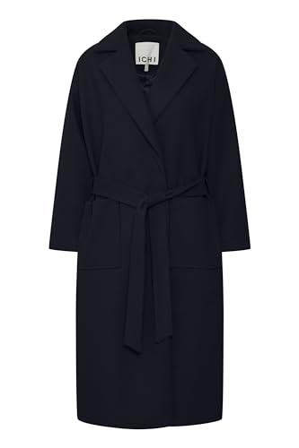 ICHI IHJANNET JA2 Damen Wintermantel Wollmantel Winterjacke mit Reverskragen Taschen und Gürtel, Größe:42, Farbe:Dark Navy (194013)