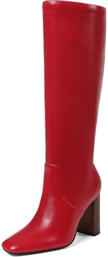 Knee High Boots for Women, Chunky Heel Faux Leather Boots Women's Comfortable Square Toe Shoes Long Tall Wide CalfBoots Dress/Casual Boot with Side Zipper
