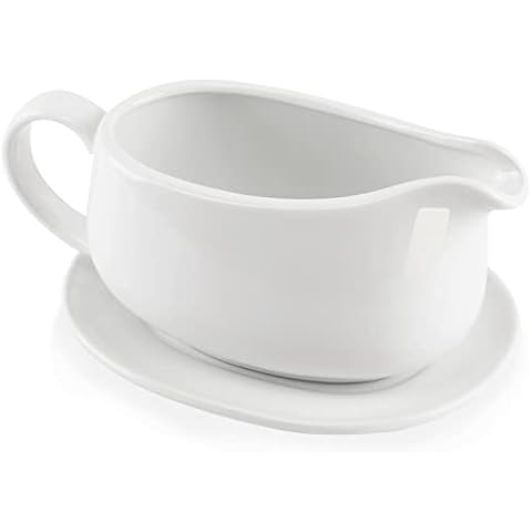 Buyajuju 25 oz Gravy Boat and Tray, Ceramic White Gravy Boat with Saucer Stand for Dining, 2 Pieces Procelain Gravy Boat and Saucer Cover