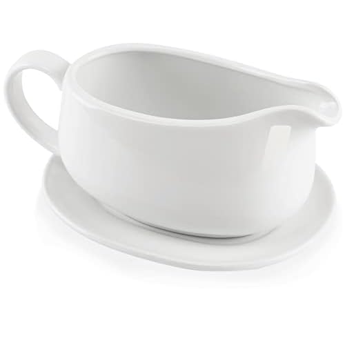 25 oz Gravy Boat and Tray, Ceramic White Gravy Boat with Saucer Stand for Dining, 2 Pieces Procelain Gravy Boat and Saucer