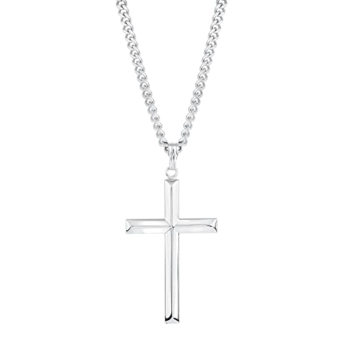 Men's Sterling Silver Catholic Cross Pendant Necklace, Masculine and Rugged 925 Sterling Silver Beveled Edge Cross Pendant, 24