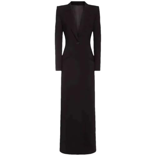 Women Black Single Buttons X-Long Elegant Blazer Lapel Long Sleeve Jacket