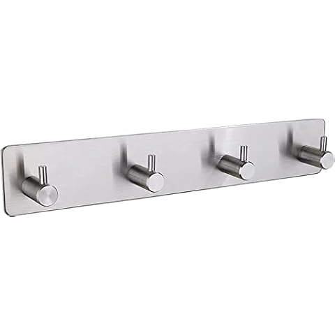 The Bog Standard Four Self Adhesive Hooks (Silver 4 Hooks) Silver Wall Mounted Towel Hook Tea Cup Holder Key Heavy Duty Brushed Sticky Stainless Steel Robe Door Bathroom Shower Lavatory 3M Cover