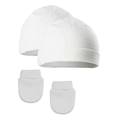 Image of Soft Touch 2 x Baby Hat & Mittens Set 2 Pairs Anti Scratch Mittens Baby Boys Girls Cotton Hat NB & 0-3 Months (White)
