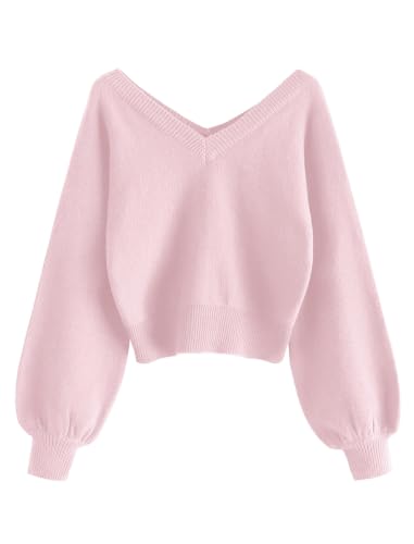 Image of ZAFUL Women's Cropped Sweater V-Neck Long Sleeve Pullover Jumper Knit Top | Crop Length, Ribbed Knit, Double V design, White sweater, Raglan sleeves, lantern sleeve, Fall & Winter, Loose fit, Oversized