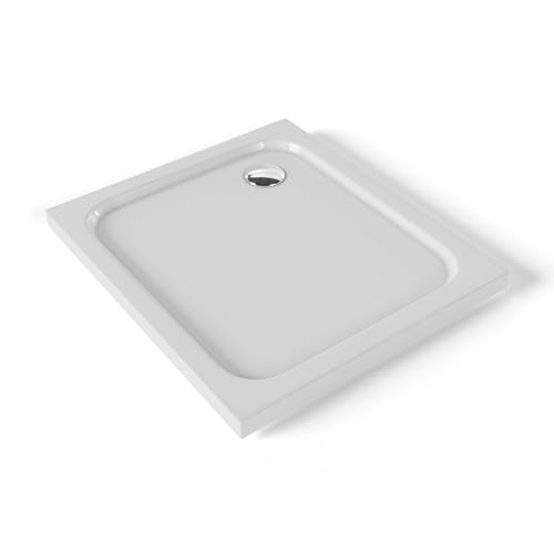 Moments of Glass Plato de ducha Acrílico Shimmer Smooth 70x80 cm, Blanco – Textura Lisa, Antiderrapante, Antibacteriano, Resistente a agentes químicos – Incluye válvula y rejilla