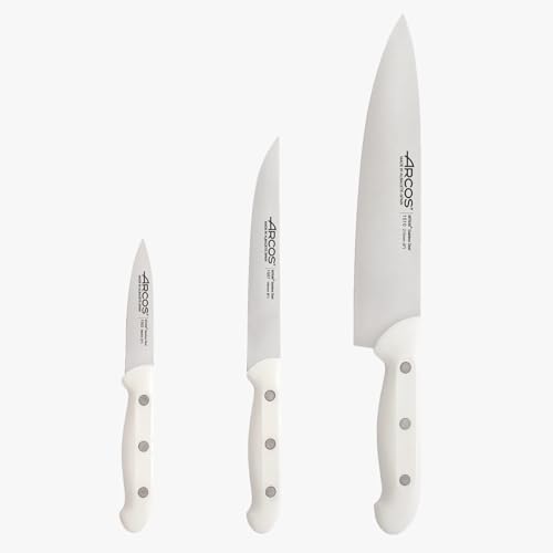 Arcos Serie Artika - Set de Cuchillos de Cocina 3 piezas (Mondador + Cocina + Chef) - Hoja de Acero Inoxidable NITRUM - Mango de Polipropileno Color Blanco