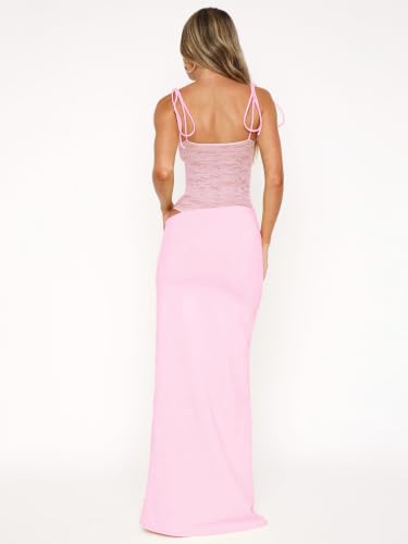 Image of Women's Lace Splicing Cutout Maxi Dress Square Neck Sleeveless Bodycon Long Dress with Sheer Corset