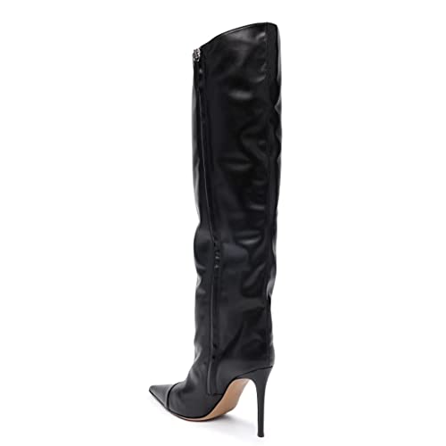 Image of Arqa Knee High Boots for Women Wide Calf 4 in Stiletto High Heel Metallic Boots Winter Chrome Zipper Long Boots Dressy Party Shoes