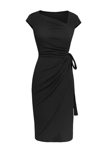 Image of Women's Vintage Cap Sleeves Asymmetrical Neckline Sheath Bodycon Casual Work Cocktail Party Pencil Faux Wrap Dresses