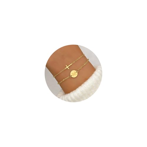 Cross Bracelet for Women Initial Bracelets for Women Dainty Layered Beaded Disc Monogram Gold Faith Cross Bracelet Christian Religious Jewelry Gift