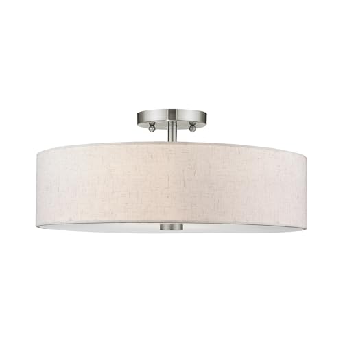 Livex Lighting 52136-91 Meridian Collection 4-Light Semi Flush Mount Ceiling Fixture with Oatmeal Color Fabric Hardback Drum Shade and Satin White Diffuser, Brushed Nickel by Livex - Image 3