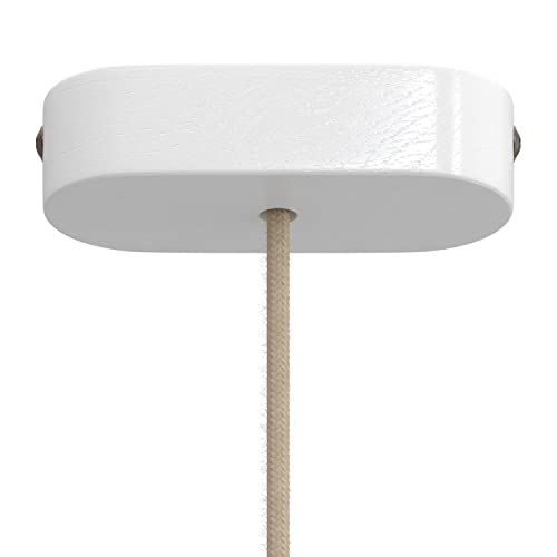 creative cables Kit rosone per lampadario a soffitto (legno bianco, ovale, 1 foro) – Ideale per cavi tessili – Design artigianale e made in Italy – Include sistema bloccacavo