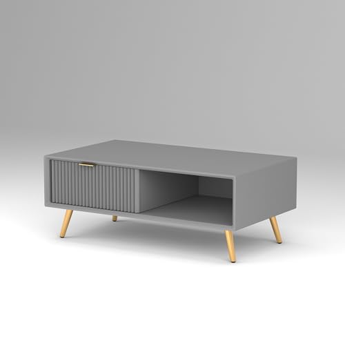 Image of ONIJA Modern Coffee Table for Living Room | HDMR Premium Wood Center Table with Storage Shelf | Matte Finish Coffee Table | Wooden Tea Table with Sturdy Legs (Grey)