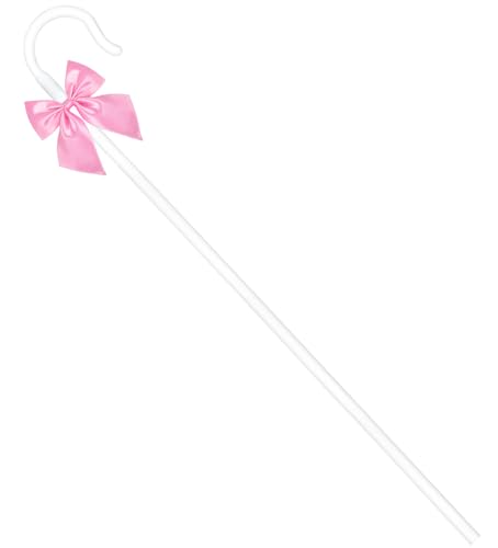 ZIZWO Shepherd Staff White Cane with Pink Bowtie Plastic Shepherd Staff Hook for Adult/Kids Halloween Costumes Accessory Cosplay