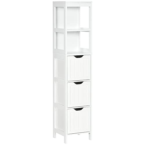 HOMCOM Armario Alto de Baño Estrecho con 3 Cajones y 2 Estantes Abiertos Columna de Baño Estilo Moderno para Salón Aseo Cocina 30x30x141,6 cm Blanco