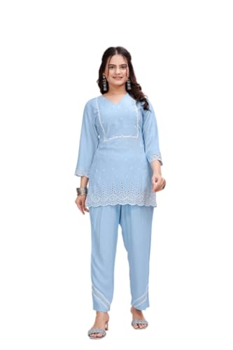 Broderie Schiffli ensemble ethnique en viscose premium haut et pantalon assorti