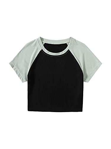Verdusa Women s Color Block Raglan Sleeve Round Neck Ribbed Crop Tee Top Black and Mint Green S