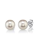 THE PEARL SOURCE 14K Gold 7-8mm AAAA Quality Round White Freshwater Cultured Pearl Stud Earrings for Women
