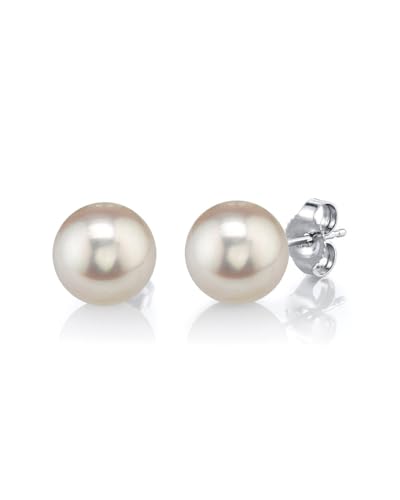 THE PEARL SOURCE 14K Gold 7-8mm AAAA Quality Round White Freshwater Cultured Pearl Stud Earrings for Women