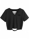 Avanova Tie Dye Shirt Women Criss Cross V Neck Crop Top Distressed Ripped Short Sleeve Cropped T Shirts Punk Rave Rock Black Small