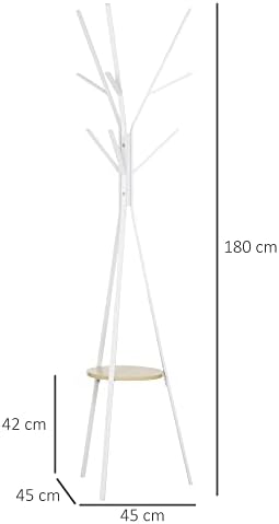 HOMCOM 180cm Free Standing Metal Coat Rack Stand 9 Hooks Clothes Tree with 1 Shelf Hat Display Hall Tree Hanger Bag Umbrella Hanging Organiser for Hallway Bedroom Waiting Room Living Room White
