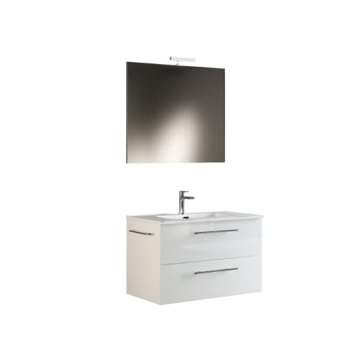 Mama Store 60 – Mueble de baño suspendido 60 cm Blanco Brillante Lacado con Lavabo, Espejo y lámpara LED, 62 x 47 x 53 cm, Madera Aluminio, L. 62 X P. 47 X H. 53 CM