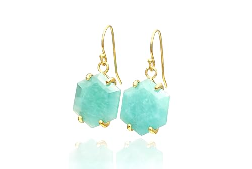 Boucles d'oreilles amazonite hexagone suspendues pierre bleue - 3