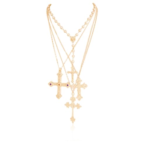 Gold Cross Pendant Necklace Set for Women,Dainty Big Crystal Cross Imitation pearl Layered Chain...